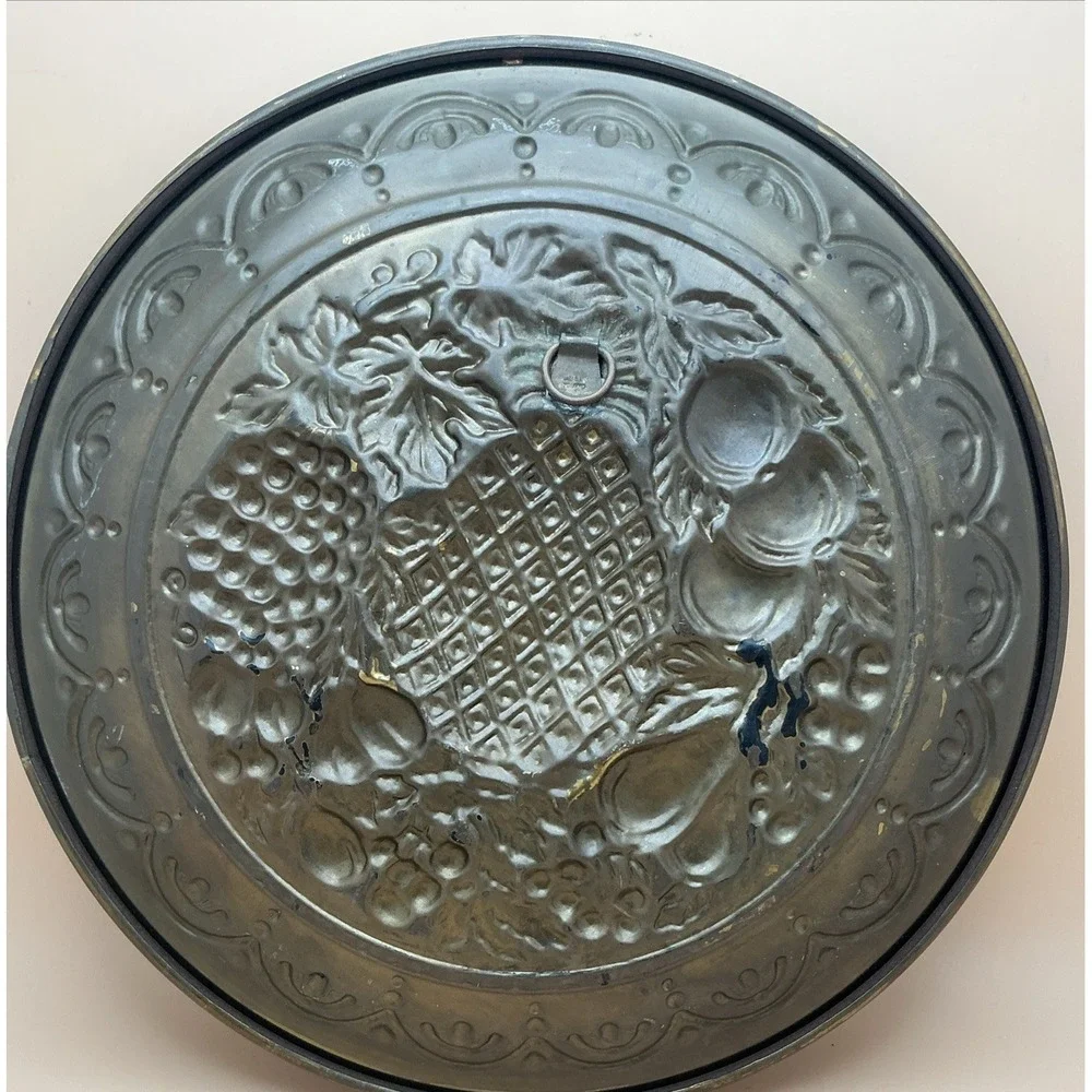 Vintage English 2 Tin Wall Plates Fruit Still Life Gold Tone Blue/Black Ground